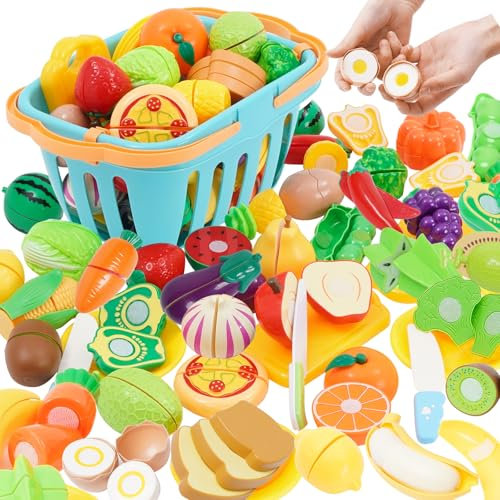 Frutas y Verduras Juguete para Cortar 75 Piezas, Comida de Juguete para Cocinita, Accesorios Cocina Juguetes, Alimentos Cocinita Juguete, Juegos de rol Educativos Regalos para Niños Niñas 3 Años