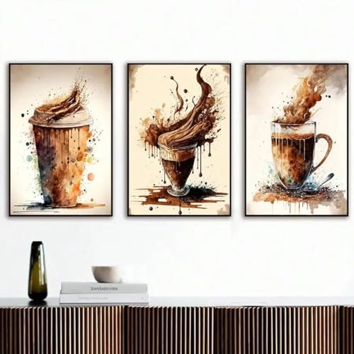 AINIBPO Morning Coffee Imagination, dreiteiliger Kunstdruck, drei Gemälde für Getränkeliebhaber, Fotoleinwand, Poster, Wandkunst für Zimmer, 50 x 70 x 3 cm, rahmenlos