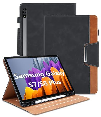 Case for Samsung Galaxy Tab S8 Plus 2022/Tab S7 FE 2021/Tab S7 Plus 2020 12.4 inch PU Leather Smart Cover with Pencil Holder, Auto Wake/Sleep Function Multi-Angle Viewing Stand Business Cover - Black