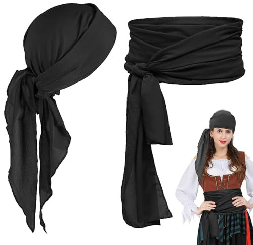 AUNGKWANG 2 Stück Durag with Long Tail, Piraten Bandana und Piraten Hüfttuch, Unisex Durag Men Silk Pirate Bandanas with Long Tail and Wide Straps for Men Women Daily Hip Hop Decoration (Schwarz)