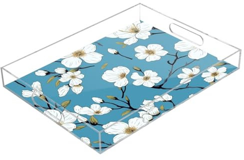 Bandejas acrílicas azules de flores blancas, bandeja rectangular transparente con asas para servir mesa de café, cocina y baño