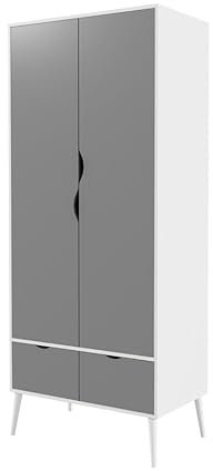 URBNLIVING 180cm Tall Freestanding White Wardrobe with Grey 2 Door 2 Drawer Modern Shelf Clothes Storage Scandi Legs Cupboards Hanging Rail Unit for Bedroom