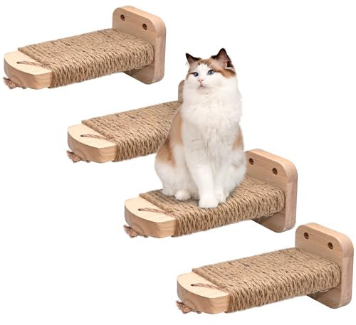 SIYUNTECH® Katzentreppe Wand(4pcs), Kletterwand Katzen, mit Einlage-Handwerkskunst, aus 2cm Massives Gummiholz, für Katze Klettern Spielen, Maximale Tragfähigkeit 35kg