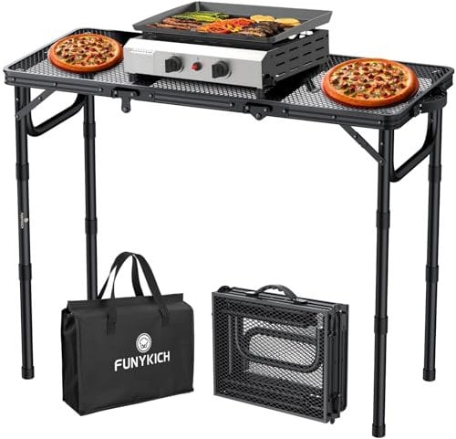 FUNYKICH Mesa de barbacoa portátil de 87 x 40 cm, mesa de camping plegable con 3 alturas ajustables (26/48/70 cm), mesa plegable con escritorio de malla, fácil de montar, mesa multifunción para