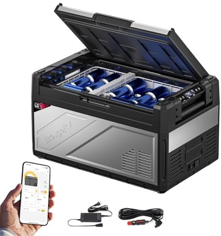 BougeRV Rocky2 39L Auto Kühlbox 12V 230V mit 5,7cc Kompressor Kühlbox Dual Zone mit Gefrierfach APP-Steuerung Abnehmbare Trennwand, Auto Kühlschrank 12/24V Camping Reisen Boot Angeln Kühlt bis -20 °C