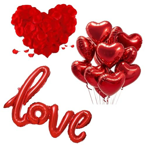 Herzförmige Alufolien-Ballons (20 Stück) + XXL Love Ballon + 1000 Kunstrosenblätter – Romantische Deko für Hochzeit, Geburtstag & Valentinstag (Rot)