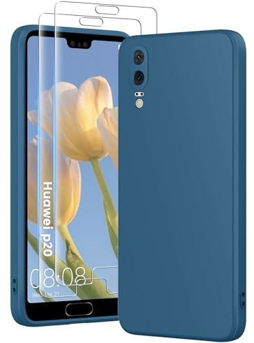 PuyaTeya 3 in 1 Hülle für Huawei p20, mit 2 Stück 9H Panzerglas Liquid Silikon Hülle, mit 4-Layer stoßfeste abriebfestes, Soft Mikrofaserfutter Kratzfes Schutzhülle für Huawei p20 (bei Nacht Blue)
