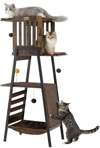 FourFurPets 147 cm Cat Tree, Modern Cat Tower for Indoor Cats, Cat Tree for Large Cats with Scratching Board, Large Perch, Hammock and Removable Pads, Rustic Brown