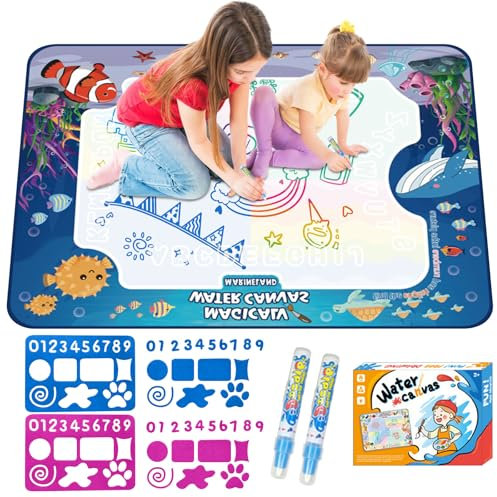 Tapis Dessin Eau Bebe, 80 x 60 cm Tapis Dessin Enfant avec Jeu D'outils de Peinture, Aqua Magic Doodle Painting Mat, Tapis de Griffonnage Réutilisable, Cadeau Enfant 1 2 3 4 Ans