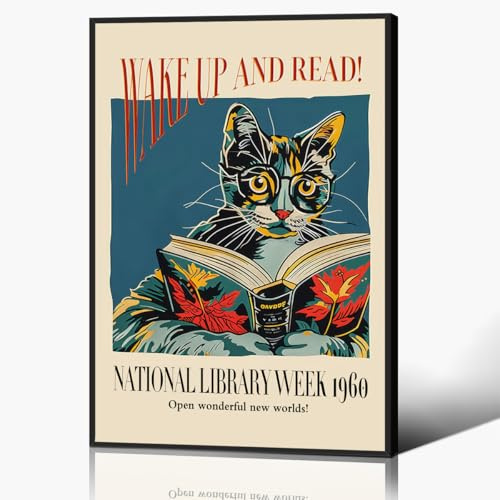 Anslipswar Cat and Book Poster, Wake Up and Read Inspiring Wall Art Canvas, Retro 1960 National Library Week Wall Art, Reading Art for Book Lover, Classic Gallery Wall Decor 40x60cm Unframed