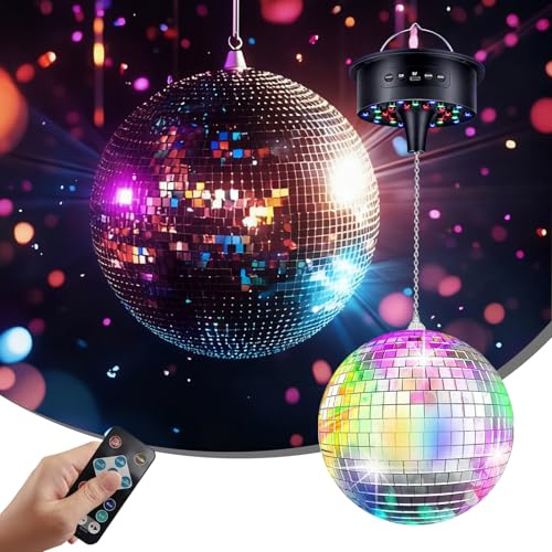 TECKZOON Disco Ball Mirror Ball with Rotating Motor, Silver Disco Mirror Ball with 6 Colour Modes and 30 LED Beads for Disco Party Light Effects