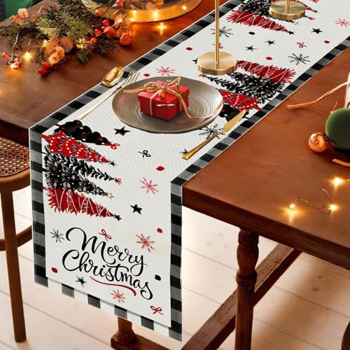 Tischläufer Weihnachten, 33x180 cm Weihnachtstisch Deko Tischdecke, Tischläufer Modern Weihnachtstischläufer Weihnachtsbäumen Schneeflocken, Weihnachtstischdecke für Esstisch, Küche & Outdoor Deko
