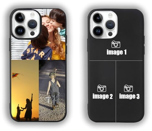Personalised Custom Phone Case for iPhone 16 15 14 13 12 11 Pro Max Case, Customized Photo Name Phone Case Anti-Scratch Shock-Resistant Soft Protective TPU (Black Case 3 Photos) Clear