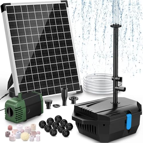 POPOSOAP Kit de filtration solaire et pompe pour bassin et fontaine 20 W – 1060 L/h – Système de filtration solaire pour fontaine avec 4 buses et tuyau de 2,0 m, ultra-silencieux pour bassins de