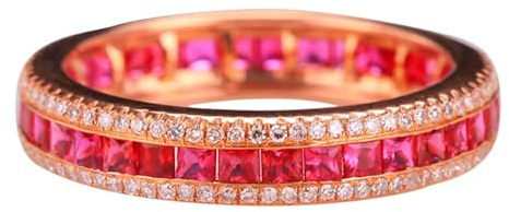 Anello Oro 750 18K Donna, Anello Eternity Rosso 1.05 Carati Ruby Creato In Laboratorio Fila Di Perforazione Oro Giallo 750 con Moissanite Misura 15