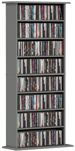 HOMCOM 360 CD/185 DVD Regal mit 6 verstellbaren Böden, Grau | 185 Blu-ray Medien-Ablage, 8 Fächer, CD-Turm, für Wohnzimmer, Schlafzimmer, Büro