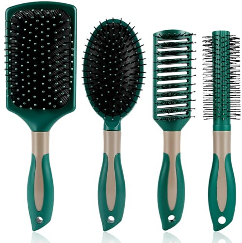 ALIIP Antistatiskt massagehårborste-set, fyrkantiga, ovala och runda stylingborstar med luftkudde, detangling- och volymgivande kit för alla hårtyper, grön, 4 delar