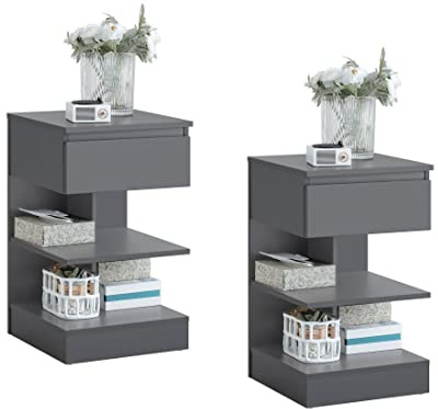 SoBuy Set of 2 Bedside Table 39cm with 2 Open Storage Shelves for Bedroom | Narrow Bedside Cabinet & Nightstand with 1 Drawer, Wooden Side Table for Living Room, Grey, W39 x D39 x H65cm, FBT49-HGx2