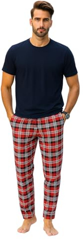 Gaffer Mens Pyjamas Set Trousers Woven Check Lounge Pants Half Sleeve T Shirts Top Red - Navy M