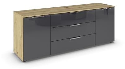 Rauch Möbel Flipp, Kommode, Farbe Glas Basalt/Eiche Artisan, Breite 160 cm | Sideboard, 2-türig, 3 Schubladen, Glasfront, Soft-Close-Funktion, für Schlafzimmer, Gästezimmer, Wohnzimmer, Garderobe, Flur
