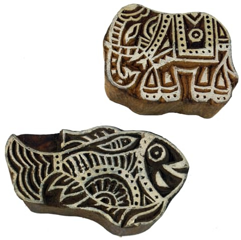GURU SHOP Indischer Textilstempel, Holz Stoffdruckstempel, Blaudruck Stempel, Druck Modell - Set 8, 5x7x3 cm