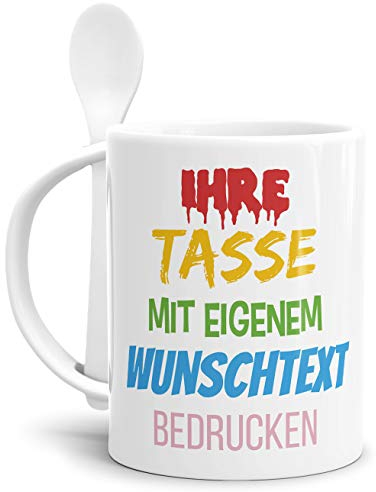 Tasse selbst gestalten/mit eigenem Text beschriften/Wunsch-Name/Spruch-Tasse/Löffeltasse Weiß/Motiv für Linkshänder sichtbar