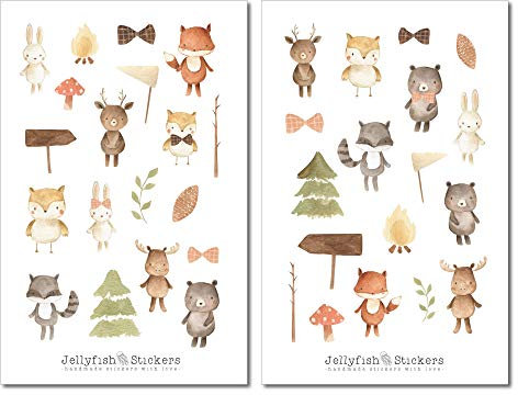 Waldtiere Sticker Set - Journal Sticker, Planer Sticker, niedlich, süß, Sticker für Kinder, Baby, Kind, Wald, Fuchs, Bär, Eule, Hase