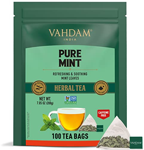 VAHDAM, Tisana Alla Menta Pura (100 Bustine) Senza Caffeina | Miscela di Dolce e Menta Piperita | Tè alle erbe | Infusi e Tisane con Te in Foglie | In Bustina Richiudibile con Chiusura Ermetica