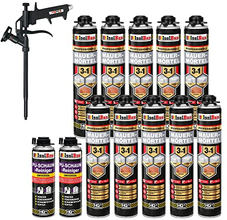 Isolbau Mauermörtel Set: 10x 750 ml PU-Mörtel 2x 500 ml Pistolenreiniger 1x Teflon Schaumpistole, PU-Reiniger, Montageschaum, Pistolenschaum
