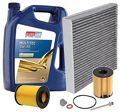 ATEC Germany Inspektionspaket Filterset mit 1x Ölfilter; 1x Luftfilter; 1x Innenraumfilter; 1x Ölablassschraube; 1x Motoröl 5W-30 SAE 5 l, Kompatibel mit FOCUS 2 Mk2, VOLVO C30, S40, V50