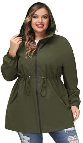 Hanna Nikole Manteau Imperméable Long À Capuche Pour Femme - Coupe-Vent Léger Et Imperméable Avec Fermeture Éclair Veste De Sport Avec Poches Armée Verte 50
