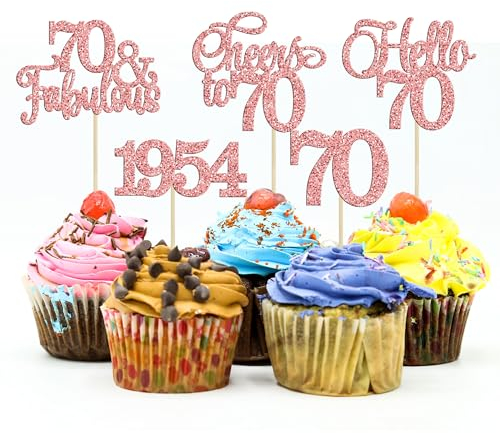 Gyufise 30Pcs 70th Birthday Cupcake Toppers 70 Fabulous Cupcake Picks Cheers to 70 1955 Cake Decorations for Happy 70th Birthday Wedding Anniversary Party Decoration Supplies Rose Gold