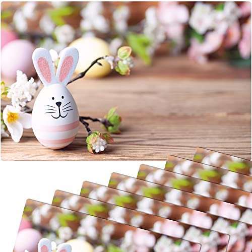 matches21 Frühlingshafte Tischsets Platzsets Motiv abwaschbar Osterhase Kirschblüten Holzbrett bunt 8er 43,5x28,5 cm