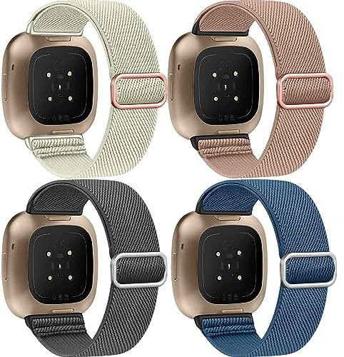 Zspoly 4 Stück Stretch Nylon Armbänder, Kompatibel mit Fitbit Versa 4/Fitbit Versa 3 Armbänder/Fitbit Sense 2/Fitbit Sense Armbänd, Einstellbare Weiche Woven Übung Armbänd für Männer und Frauen