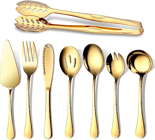 OGORI Gold Cutlery Serving Set 8 Pieces,Stainless Steel Serving Utensils, Flatware Silverware Set Include Serving Spoon, Slotted Spoon, Soup Spoon, Cake Server, Fork, Salad Fork, Butter Knife