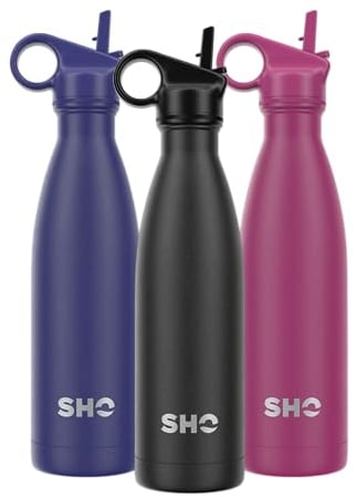 SHO Stainless Steel Water Bottle with Straw and Screw Lid - Leakproof, BPA Free, No Sweat, Vacuum Insulated Double Walled Metal Flask, 500ml - Original 2.0-12 Hours Hot 24 Hours Cold (500ml, Black)