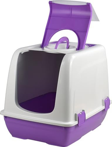 Cat Litter Box Closed Kitten Toilet Loo Tray Indoor & Outdoor Puppy Home Cats Ditachable Toilet Clear Flap Door (Light Purple)