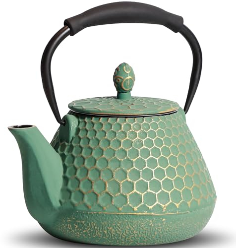 GUANGHEIRON Gusseisen Teekanne 950 ml, handgefertigte japanische Teekanne mit Teesieb, emaillierte Innenseite, Silikongriff, geeignet für den Herd, ideal für Tee und Kaffee