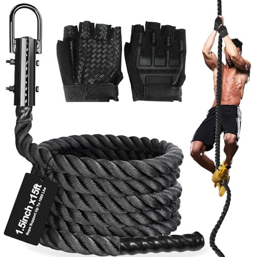 DAJOUJS Gym Climbing Rope 1.5 Inch Climbing Rope Workout Fitness & Strength Training Exercise Climbing Rope in Black for Adults & Kids Outdoor & Indoor, Gym Rope Length 10ft, 15ft, 20ft Available