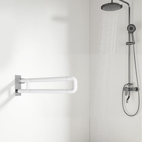MINRS Wandstützgriff Toiletten, WC Haltegriff Haltegriff Dusche Klappbar WC Aufstehbügel Rutschfeste Handlauf Edelstahl für Senioren Behinderte Schwangere, bis zu 300kg, Weiß