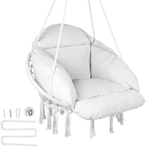 VEVOR Hanging Hammock Swing, Macramé Hanging Chair with Cushion and Mounting Hardware, Cotton Rope Swing for Bedroom, Balcony, Patio, Garden, 264 lbs Capacity, White