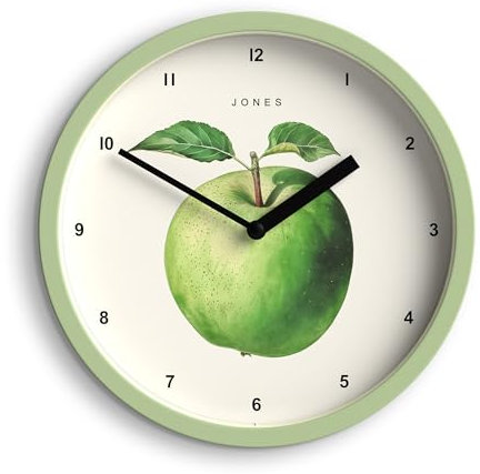 JONES CLOCKS® Fruit wanduhr | Kleine runde Uhr | 20cm | Grün | Botanisch illustrierte Apfel Kunstwerk | Ideal für küche und esszimmer.