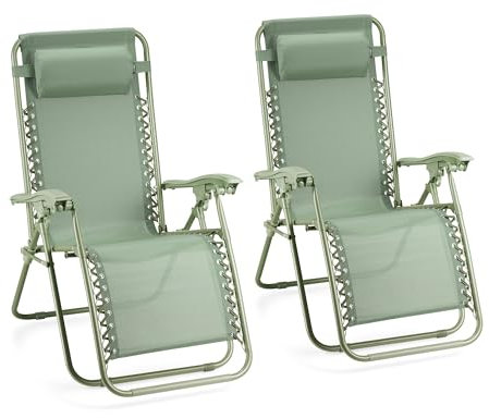 VonHaus Zero Gravity Chairs Set of 2 - Reclining Sun Loungers for Garden - Textilene Folding Sunloungers with Detachable Headrest - Fold Away 2 Set Deck Chairs for Outdoor, Patio (Sage Green)