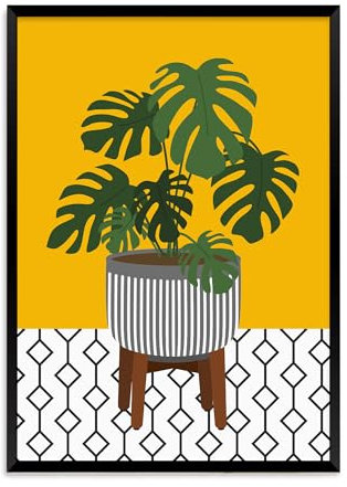 Monstera Plant Wall Art Print,Mustard Yellow Background, Black or White Frame, Modern Botanical Geometric Pattern (A4 Print in Small Black Frame)