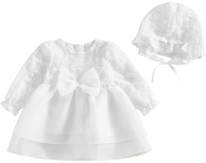 XIXIMAON Taufkleid für Babys, Mädchen, Langarm, bestickt mit Blumen, mit Schleife, für Party, Geburtstag, Hochzeit, Prinzessinnenkleid + Mütze