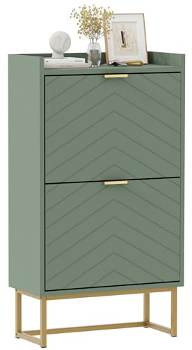 UEV Schuhschrank mit 2 Klappen Schmal, Schuhkipper 50x24x103,5cm (Grün) | Schuhkommode mit Kippschutz & Verstellbare Trennwände für Verschiedene Schuhtypen, Flurschrank für Flur Wohnzimmer