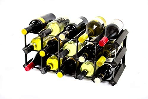 Classic 15 Bottle Black Stained Wood and Black Metal Wine Rack Ready Assembled