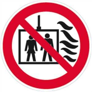 Aufkleber Aufzug im Brandfall nicht benutzen gemäß ISO EN 81-73 Folie selbstklebend 10cm Ø (Brandschutz, Verbotsschild, Fahrstuhl) praxisbewährt, wetterfest