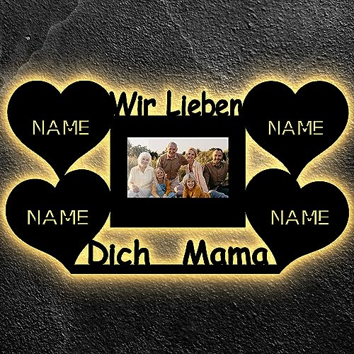 LEON FOLIEN Muttertags Geschenk Wir lieben dich Mama Led mit Bilderrahmen Nachtlicht, Herz Herzchen personalisiert mit Wunschtext Lasergravur Geschenk für Mutter MDF HOLZ