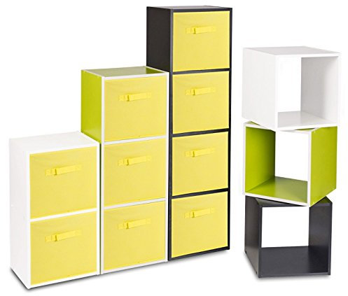 Holz-Bücherregal mit farbigen Aufbewahrungsboxen, Yellow Box, Antique Cube